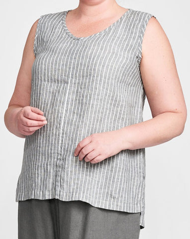 Open Tank (shown in Grey Stripe) - sleeveless tank with a v-neckline and hem slits in front and sides, 100% Linen