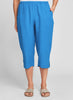 Pedal Pant (shown in Azure), 100% linen pant, 2 side pockets, hem slits, available in women's regular and plus sizes. FLAX Bold 2021