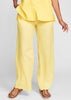 Playful Pant (shown in Canary Stripe) - wide leg linen pant with a flat front waist band and elastic in back, with two side pockets, finishing at a long full-length. 100% Linen, In Stripes, Women's regular and plus sizes, FLAX P-2G. FLAX de Soleil 2022.