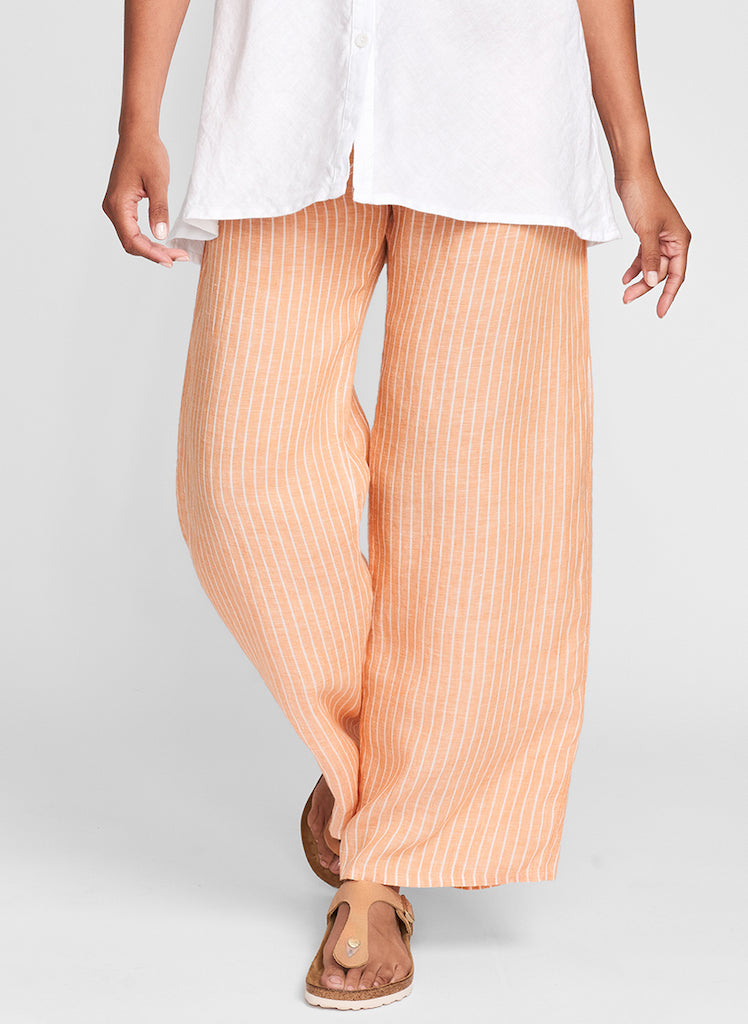 Playful Pant (shown in Clementine Stripe) - wide leg linen pant with a flat front waist band and elastic in back, with two side pockets, finishing at a long full-length. 100% Linen, In Stripes, Women's regular and plus sizes, FLAX P-2G. FLAX de Soleil 2022.