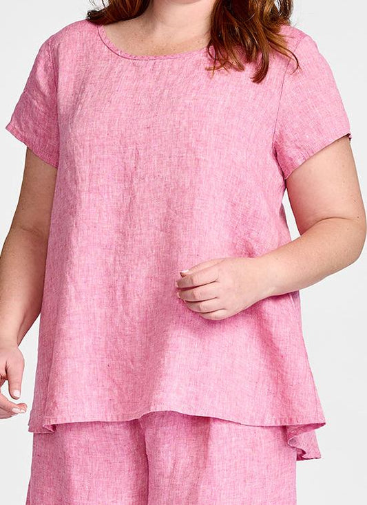 Playful Tee, shown in Magenta Yarn Dye.  Model is 5'9" tall, wearing size Medium.