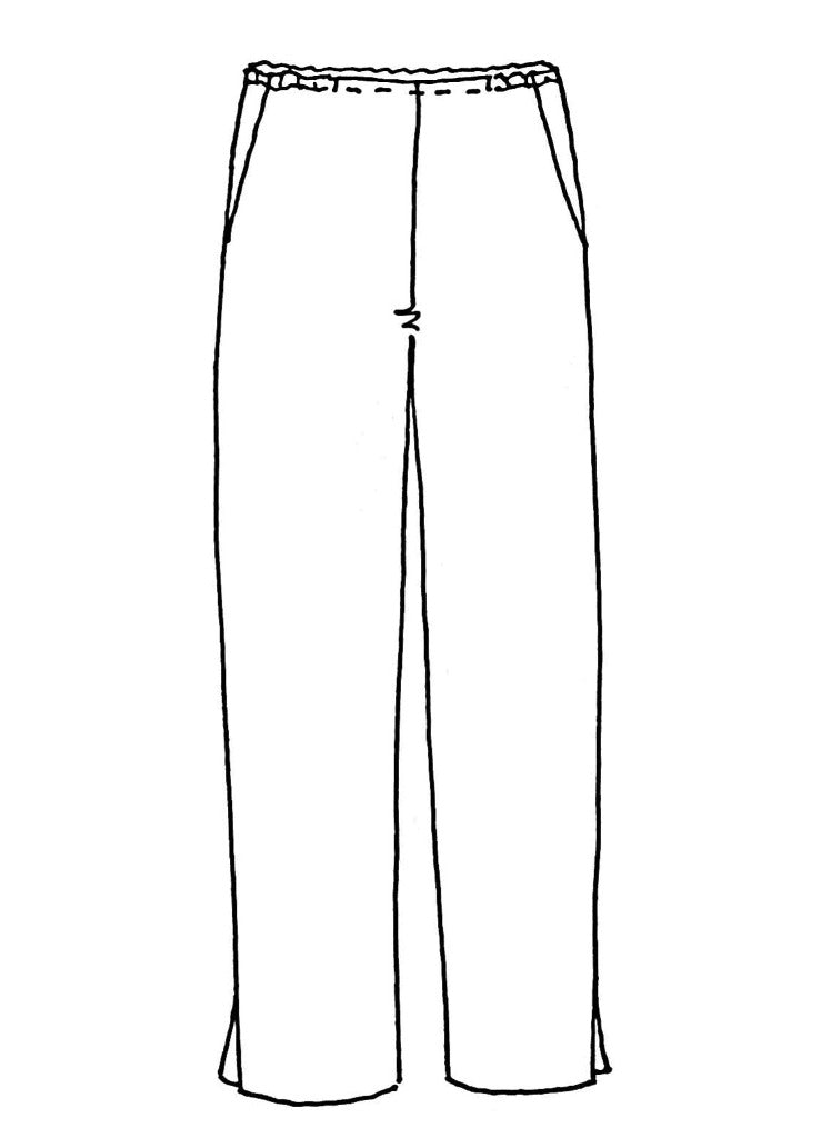Pocketed Social Pant, 100% Yarn-Dyed Linen (Pre-shrunk, Machine Washable), tailored pant, with a thin elastic waistband and a flat front, full length tapered legs, with side slits.  Available in Women's Regular and Plus sizes, FLAX Fall Traveler 2021