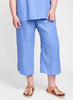 Push Out's (shown in solid Periwinkle) - a cropped linen pant with a full elastic waist, one back pocket, and comfy wide legs, hem finished with side slits.  100% Linen, In Solid colors.  FLAX de Soleil 2022.