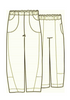 Seamly Pant (detailed sketch), a modern and sophisticated linen pant, with a wide elastic waistband, two rounded side pockets, and unique seam detailing, that taper before landing at (or just above) the ankle, with a wide border, 100% Linen.  Collection:  FLAX Classics 2021.