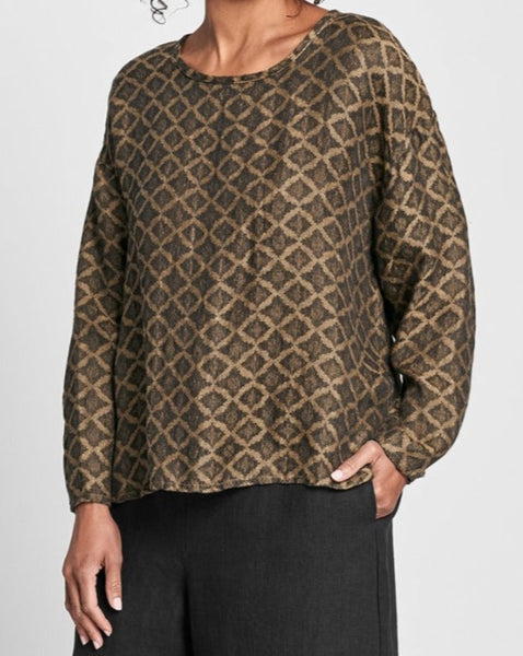 Throw It On (Amber Jacquard) - 100% Linen, oversized pullover with rounded neckline, drop shoulders, dolman-like sleeves that taper as they go down, with an allover geometric pattern, FLAX Select 2021.