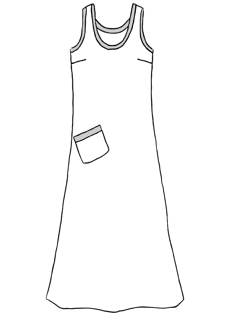 Serene Dress, detailed sketch shown.  100% European Linen (body), with slimming shape, bust darts, and shaded areas represent cotton knit trim along the neckline and patch pocket.