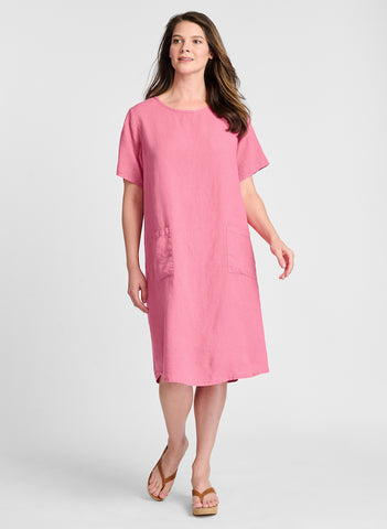 Shortsleeve Dress (shown in Bubblegum, pink). 100% Linen, Pre-shrunk, Machine Washable.  Model is 5'9" tall, wearing size Small.