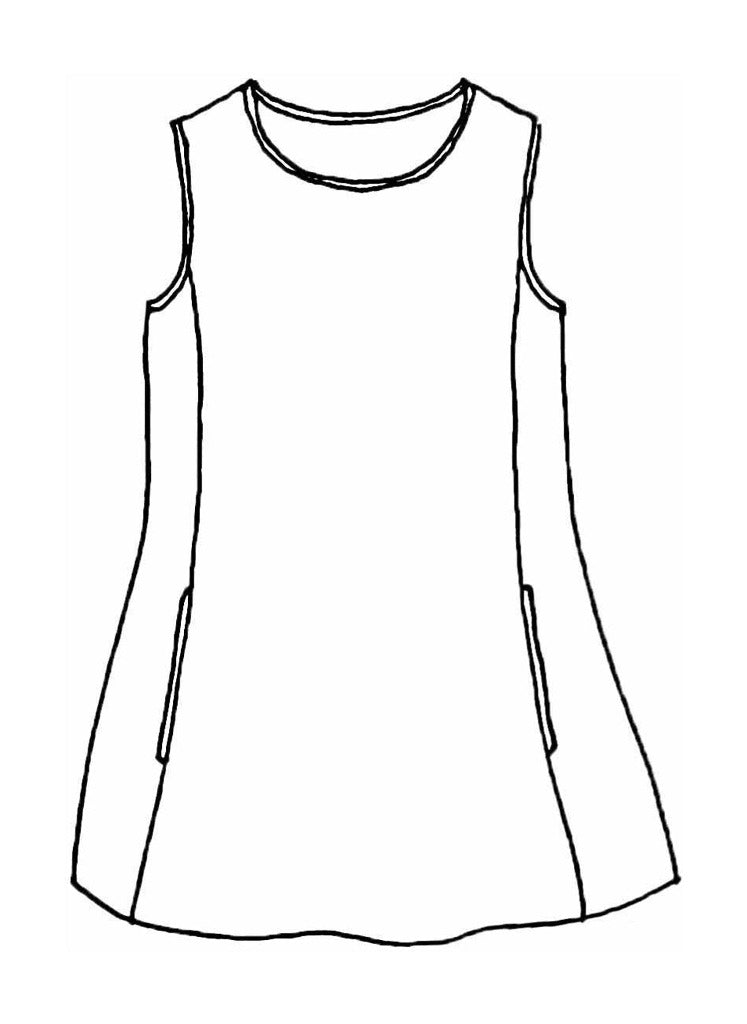 Side Pocket Tunic, detailed sketch shown.  A sleeveless tunic with a high rounded neckline, ample shoulder coverage, vertical shaping seams, featuring 2 side seam pockets, and a flattering a-line shape.  100% Linen.