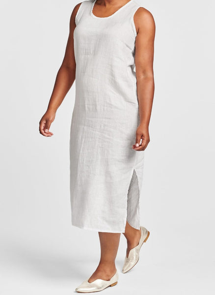 Sideslit Slipster (shown in White), a sleeveless tank-style linen dress, with a scoop neckline, ample shoulder strap coverage, with a slimming straight cut, finished with one side slit, 100% Handkerchief-weight Linen, UnderFLAX 2021.