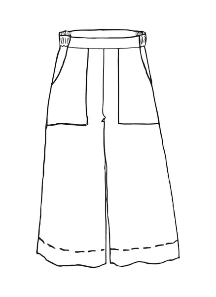 Kate Pant (detailed sketch),  Cropped linen pant, with a wide Flat front waistband with elastic in the back, 2 large side pockets, wide pant legs, finished with seam detail at the bottom hem.  100% European Linen.