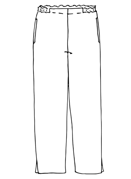 Pocketed Ankle Pant (detailed sketch), 100% Linen, flat front w/ 3/4 elastic waistband, side seam pockets, tapering as they go down, ending just above the ankle with hem slits.