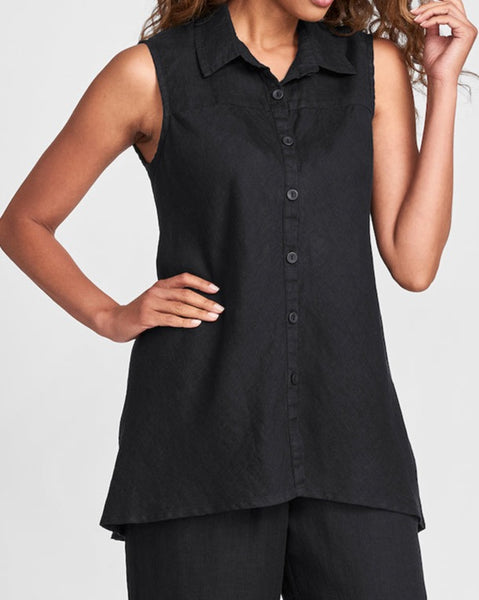 Skyline Blouse (shown in solid Black), sleeveless blouse with a shirt collar and button-down front, cut on the bias in back, hi-low hem, 100% Linen, solid colors.