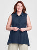Skyline Blouse (shown in solid Midnight, Navy), sleeveless blouse with a shirt collar and button-down front, cut on the bias in back, hi-low hem, 100% Linen, solid colors.