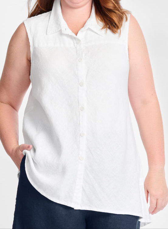 Skyline Blouse (shown in solid White), sleeveless blouse with a shirt collar and button-down front, cut on the bias in back, hi-low hem, 100% Linen, solid colors.
