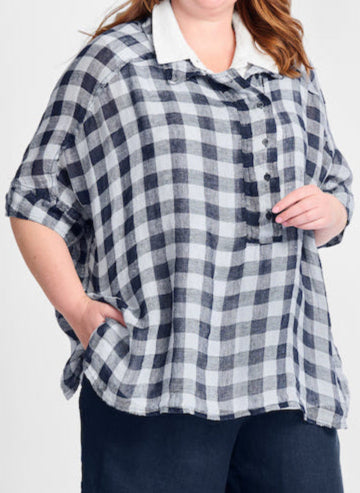 Sporty Shirt, shown in Navy Check, size Medium.  100% European Linen Gauze.