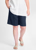 Sun Shorts, shown in Midnight.  100% Linen, Model is 5'9" tall, wearing size Medium.