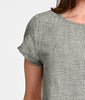 Sun Tee (shown in Smokey Grid), close-up on 2-toned Grid pattern, and cap sleeve detail.