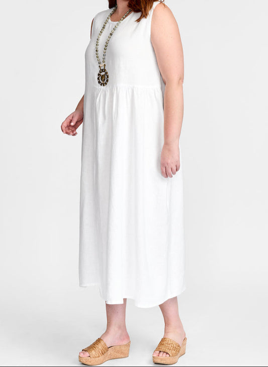 Sybil Dress, shown in solid White.  Model is 5'9" tall, wearing size Medium.