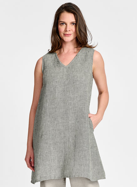 V-Neck Tunic, shown in Smokey Grid.  Model is 5'9" tall, wearing size Small.