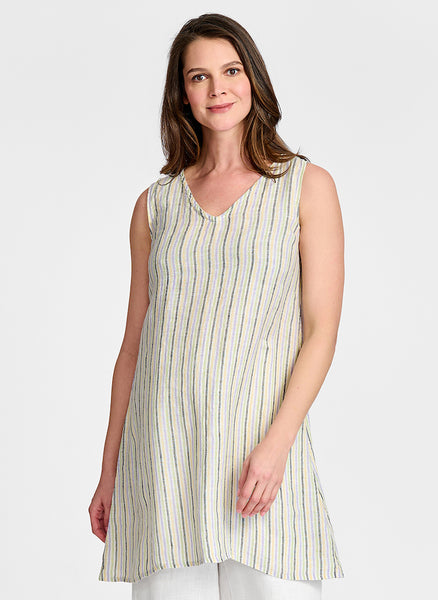 V-Neck Tunic, shown in Summer Stripe.  Model is 5'9" tall, wearing size Small.