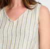V-Neck Tunic (in Summer Stripe), close-up on stripe fabric, neckline and shoulder detail 