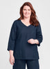 V Pullover (shown in Midnight, Navy), 3/4 sleeve linen pullover with v neckline, 100% Linen, solid colors.