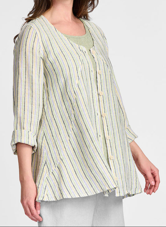 X-Specially Nice, shown in Summer Stripe, worn open, with rolled up sleeves, layered over the Blossom Tank in Celery Grid.  Model is 5'9" tall, wearing size Small. 