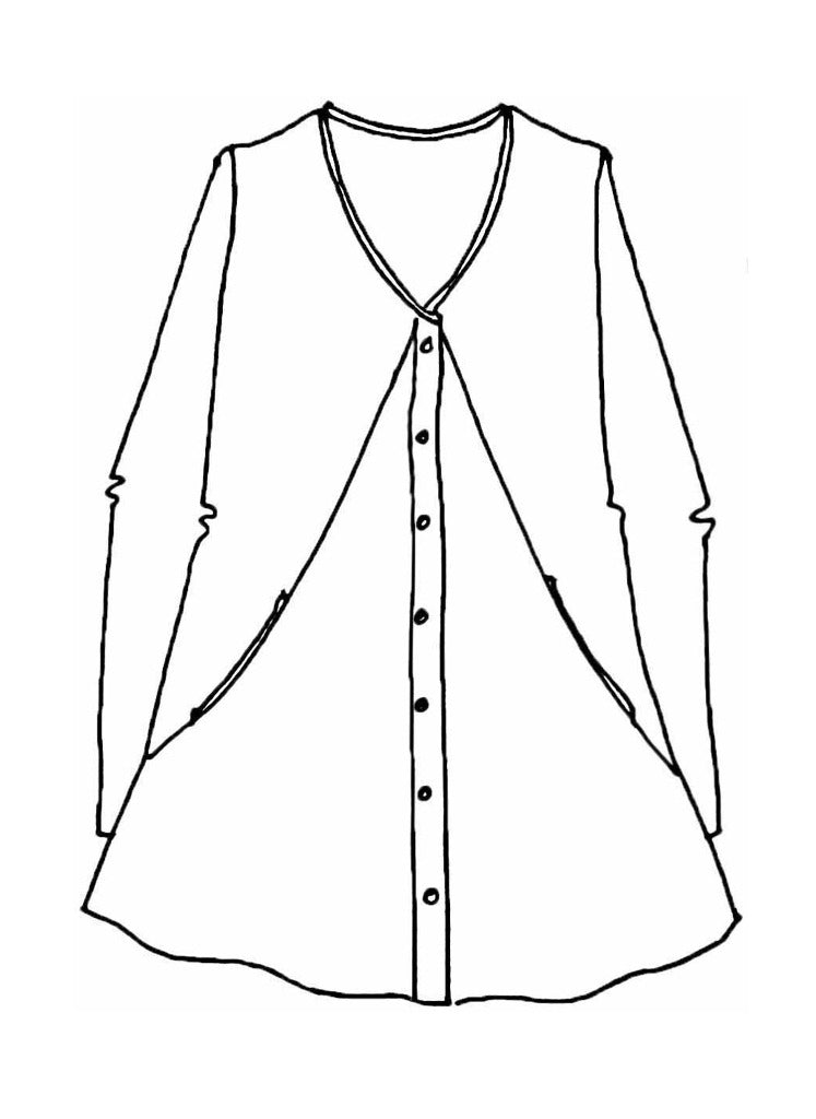 X-specially Nice - 100% Linen, lightweight jacket with button-down front, side panels.  NO POCKETS in Summer Stripe fabrication, even though they are shown in this sketch.